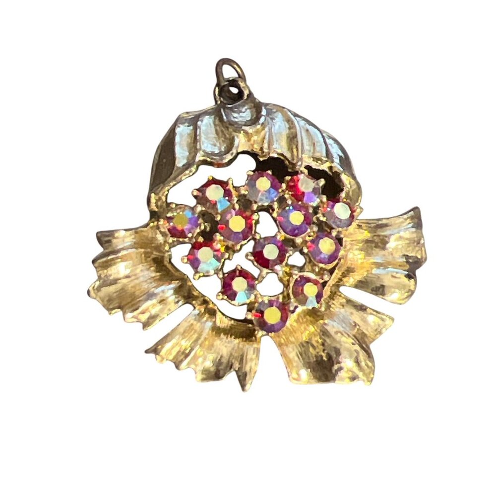 Vintage Floral Pendant Pink Red Aurora Borealis Rhinestones Gold Tone Estate